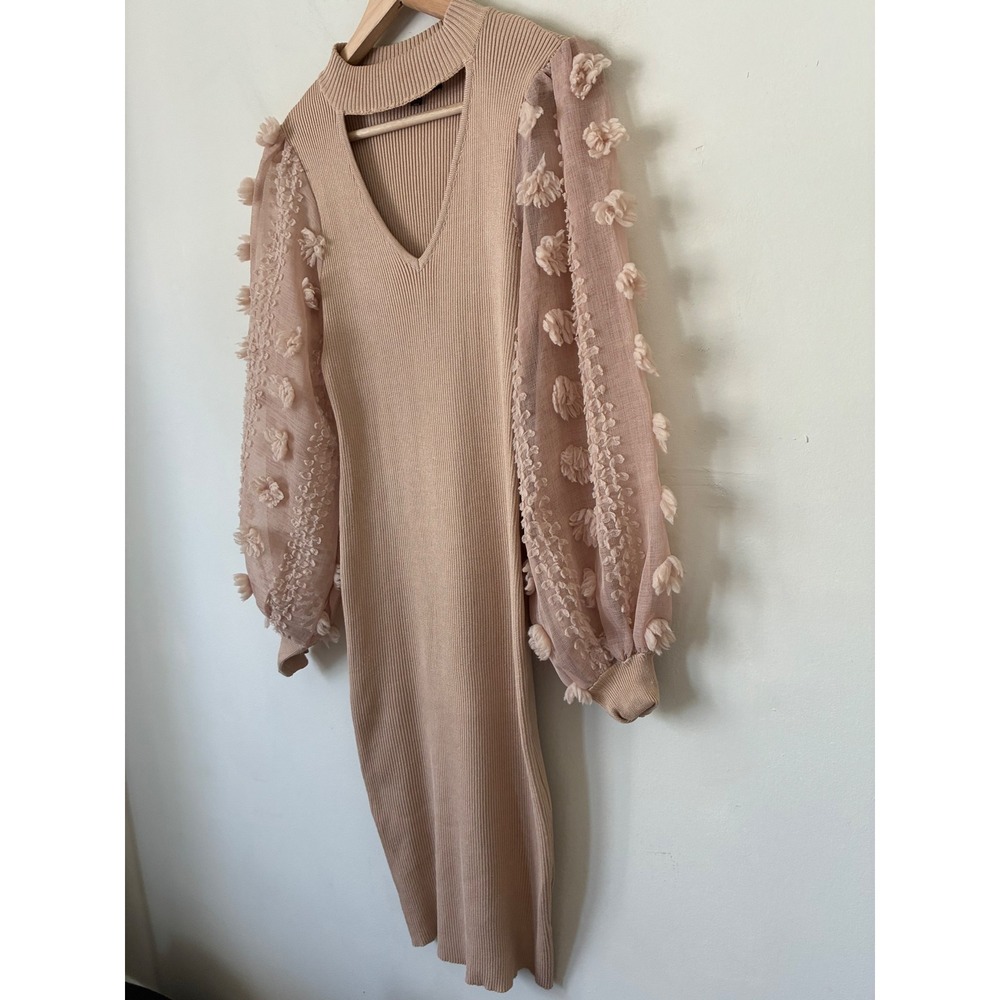 Almost Famous Tan Ribbed Knit Midi Dress Floral Sheer Balloon Sleeve XL Neutral